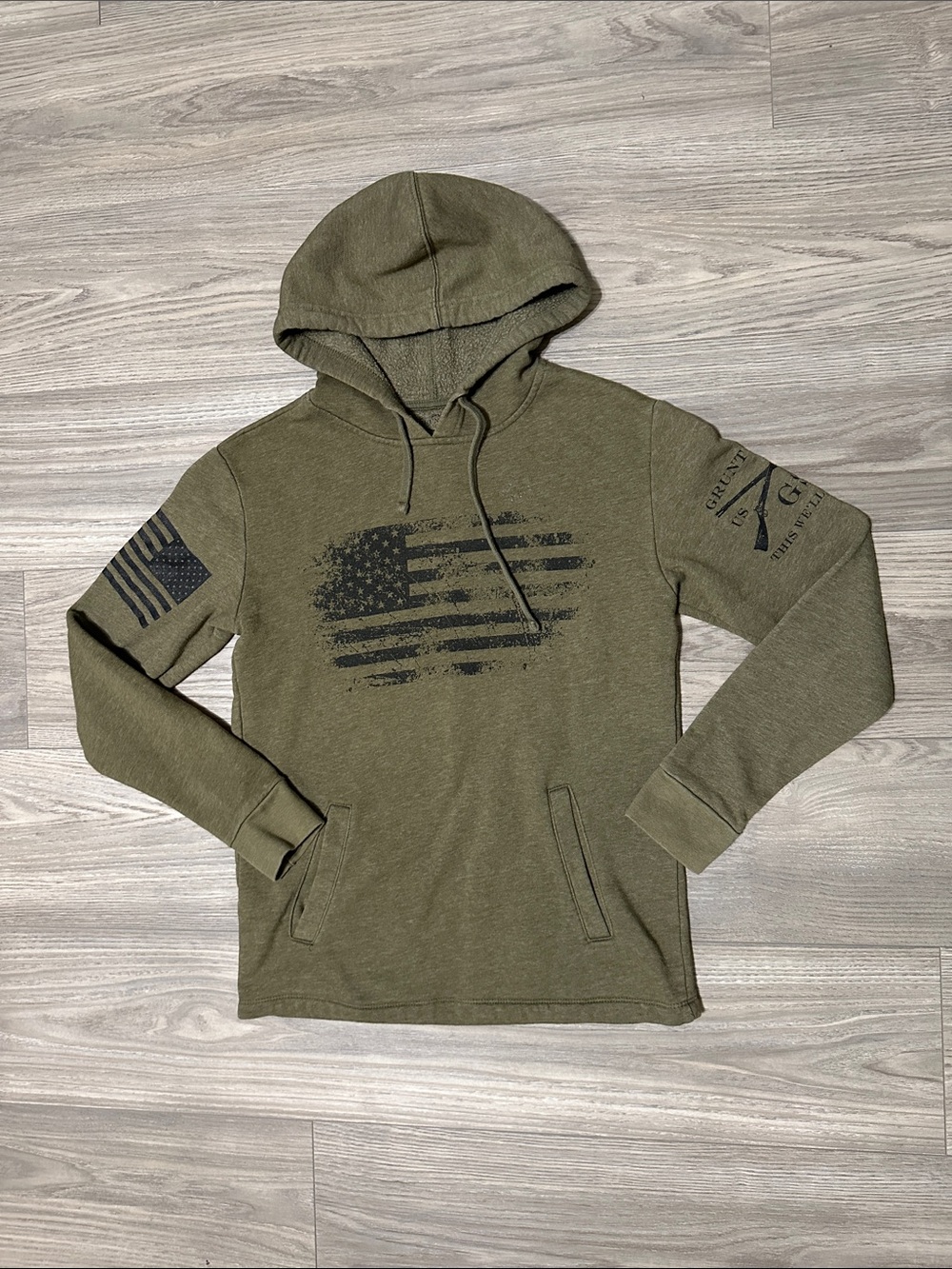 Grunt Style - M - Olive Green American Flag Pullover Hoodie